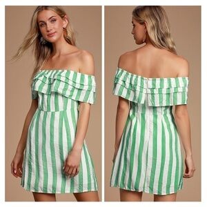 LULU’S Persephone White And Green Striped Off The Shoulder Dress